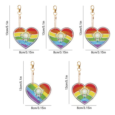 5Pcs Rainbow Heart Acrylic Double Side Keychain Diamond Painting