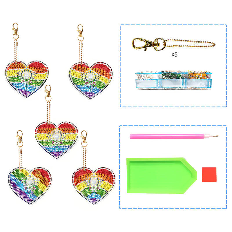 5Pcs Rainbow Heart Acrylic Double Side Keychain Diamond Painting