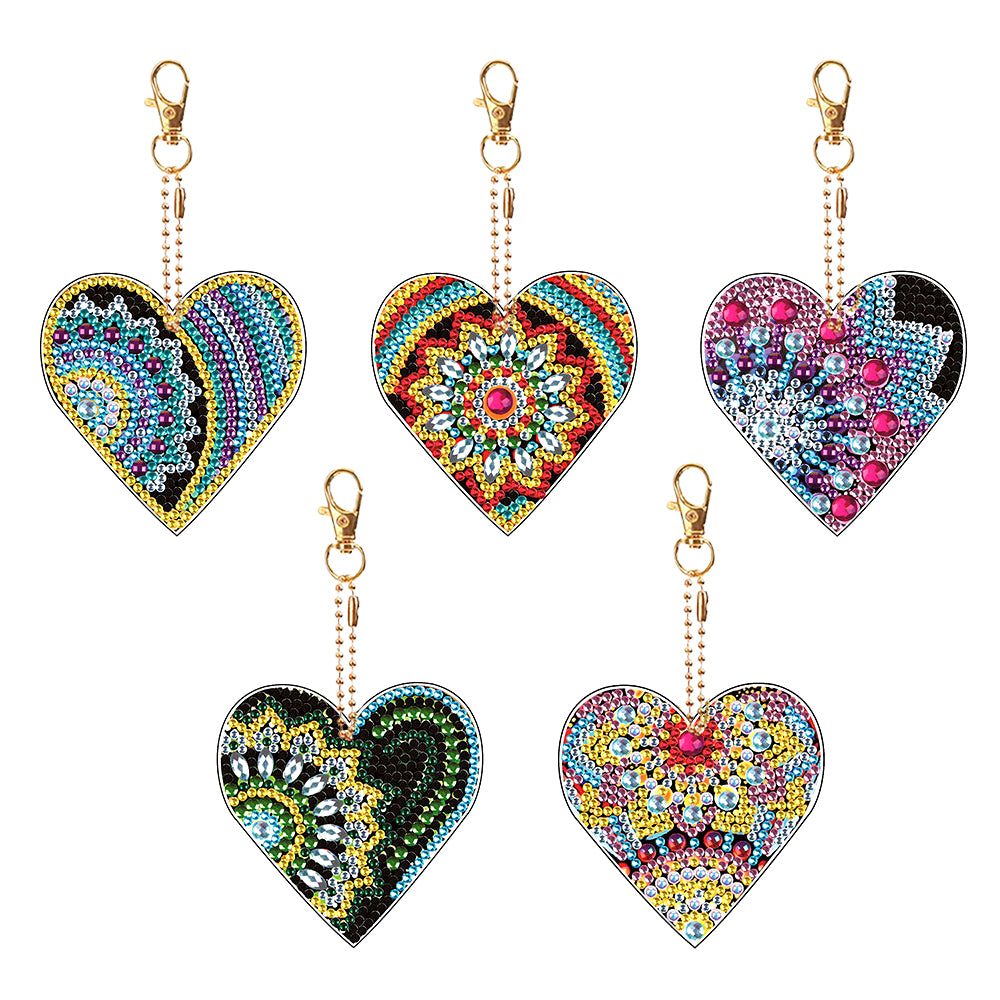 5Pcs Heart Mandala Acrylic Double Side Keychain Diamond Painting