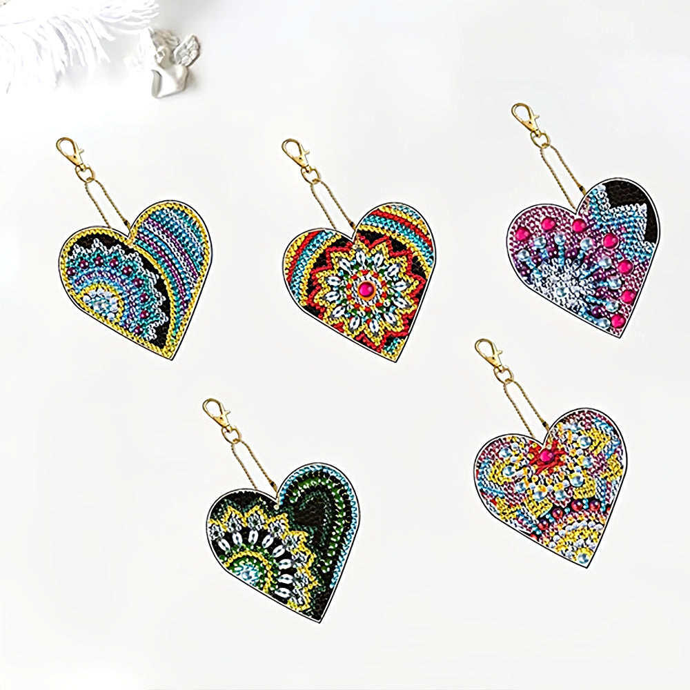 5Pcs Heart Mandala Acrylic Double Side Keychain Diamond Painting