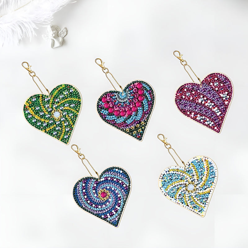 5Pcs Spiral Lines Heart Acrylic Double Side Keychain Diamond Painting