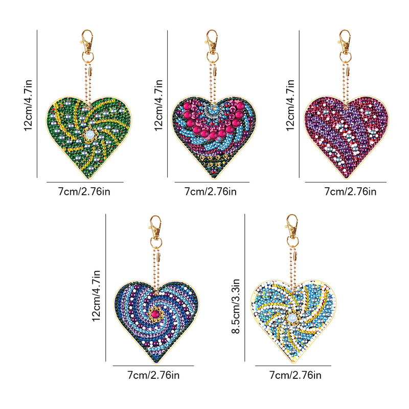 5Pcs Spiral Lines Heart Acrylic Double Side Keychain Diamond Painting