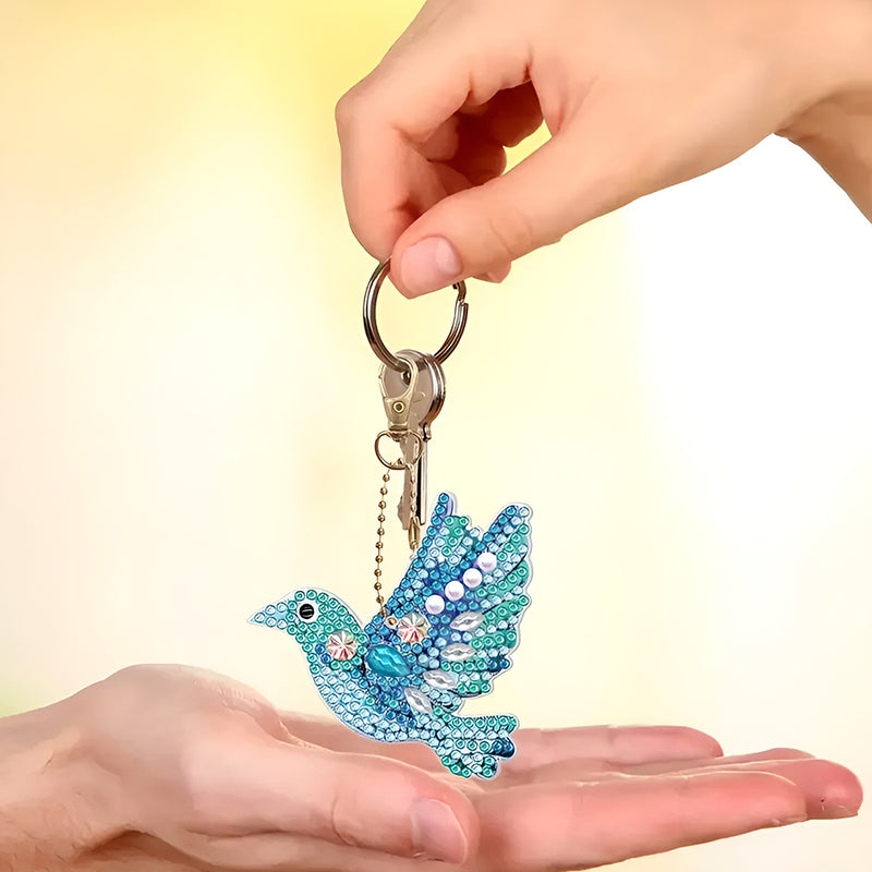 5Pcs Blue and Green Birds Acrylic Double Side Keychain Diamond Painting