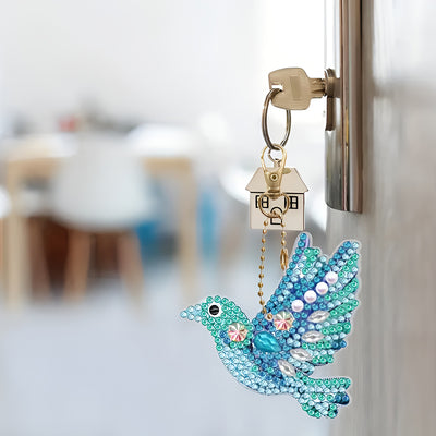 5Pcs Blue and Green Birds Acrylic Double Side Keychain Diamond Painting