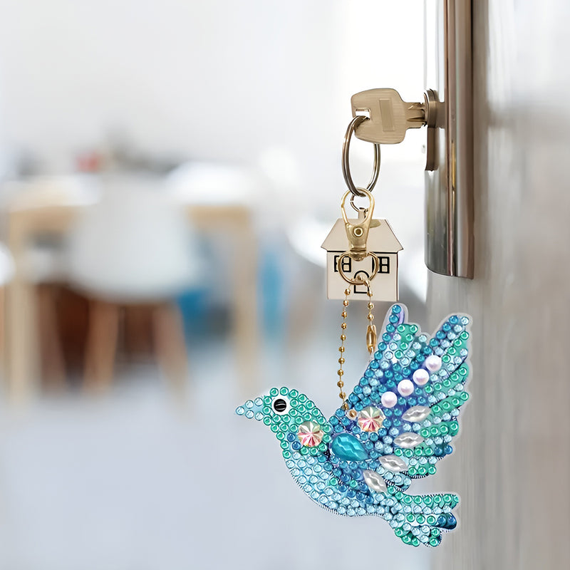 5Pcs Blue and Green Birds Acrylic Double Side Keychain Diamond Painting