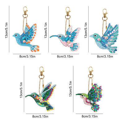 5Pcs Blue and Green Birds Acrylic Double Side Keychain Diamond Painting