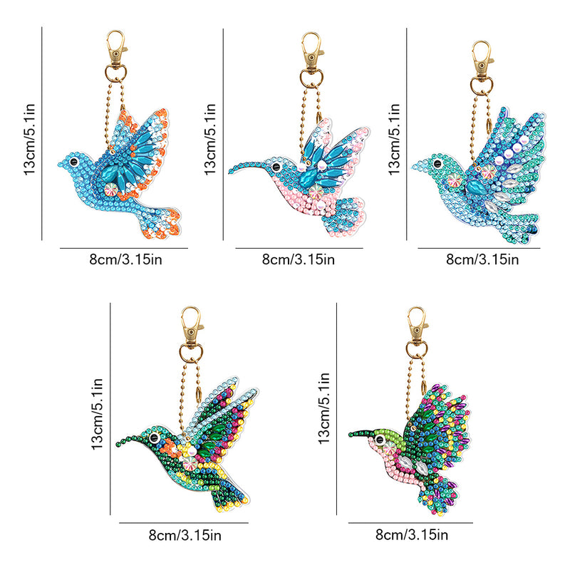 5Pcs Blue and Green Birds Acrylic Double Side Keychain Diamond Painting