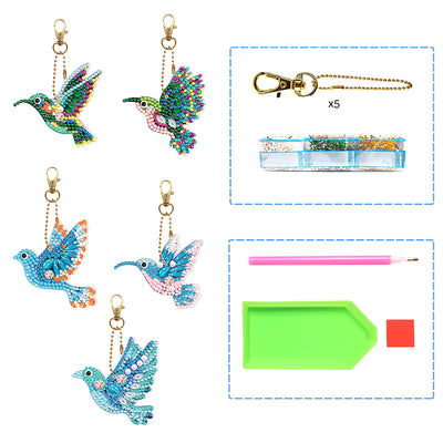 5Pcs Blue and Green Birds Acrylic Double Side Keychain Diamond Painting