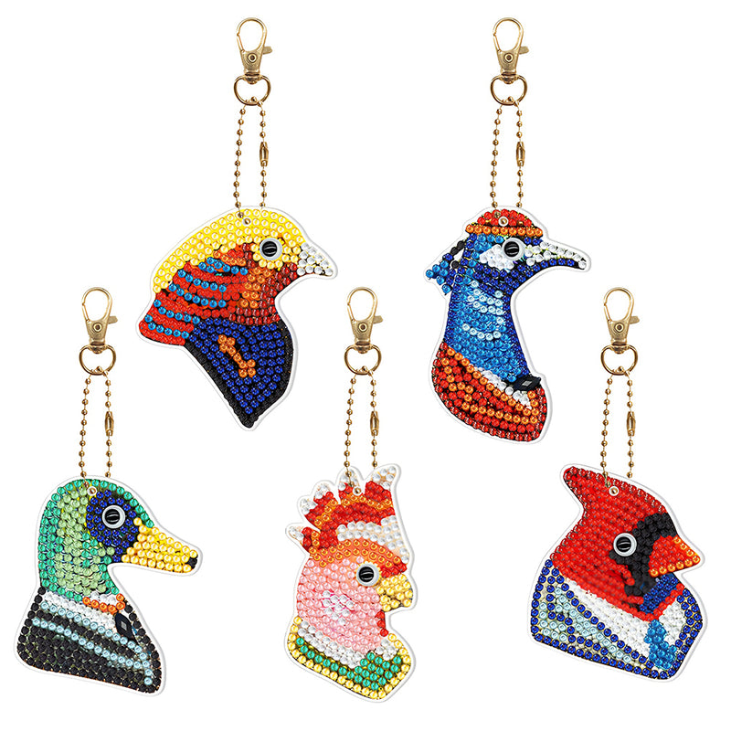 5Pcs Colorful Birds Acrylic Double Side Keychain Diamond Painting