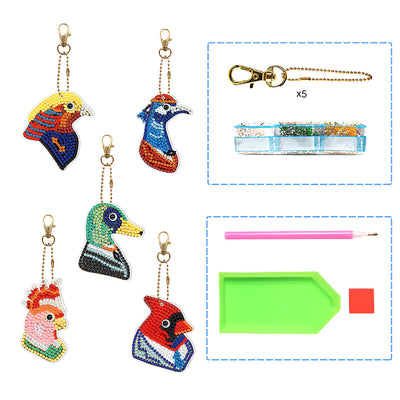 5Pcs Colorful Birds Acrylic Double Side Keychain Diamond Painting