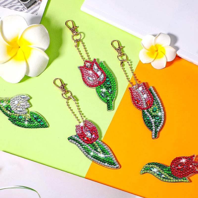 5Pcs Red Tulip Flower Acrylic Double Side Keychain Diamond Painting