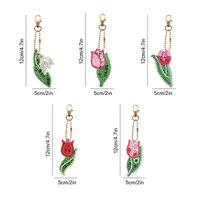 5Pcs Red Tulip Flower Acrylic Double Side Keychain Diamond Painting