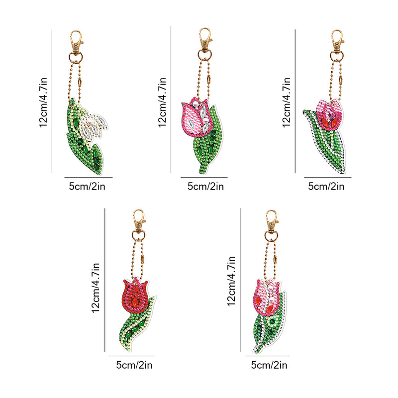 5Pcs Red Tulip Flower Acrylic Double Side Keychain Diamond Painting