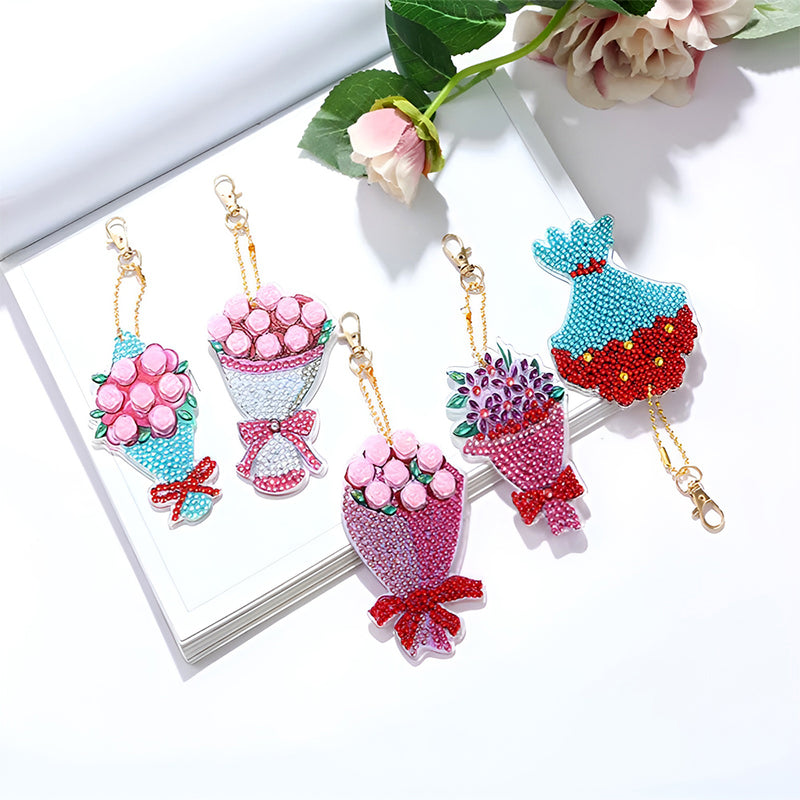 5Pcs Beautiful Bouquet Acrylic Double Side Keychain Diamond Painting