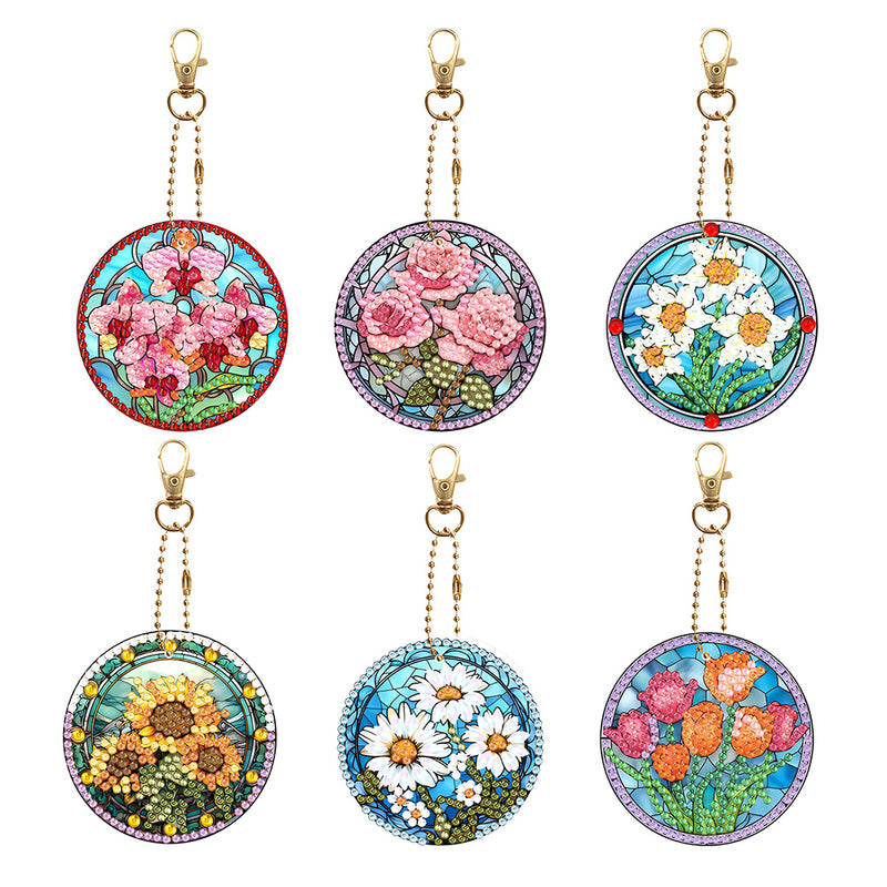 6Pcs Beautiful Flowers Acrylic Double Side Keychain Diamond Painting