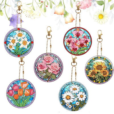 6Pcs Beautiful Flowers Acrylic Double Side Keychain Diamond Painting