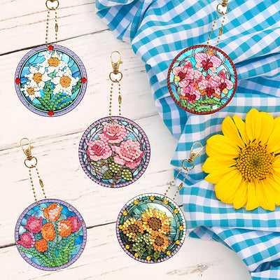 6Pcs Beautiful Flowers Acrylic Double Side Keychain Diamond Painting