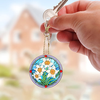 6Pcs Beautiful Flowers Acrylic Double Side Keychain Diamond Painting