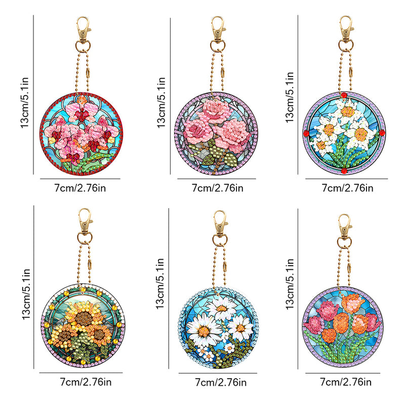 6Pcs Beautiful Flowers Acrylic Double Side Keychain Diamond Painting