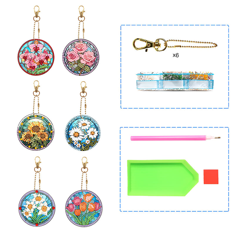 6Pcs Beautiful Flowers Acrylic Double Side Keychain Diamond Painting