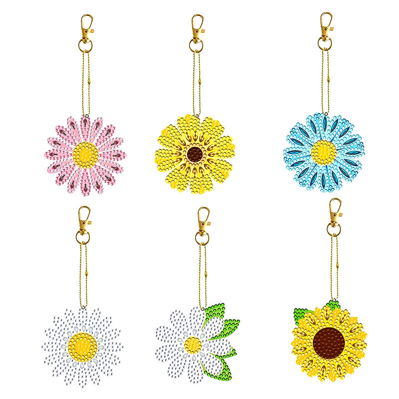 6Pcs Beautiful Little Daisy Acrylic Double Side Keychain Diamond Painting