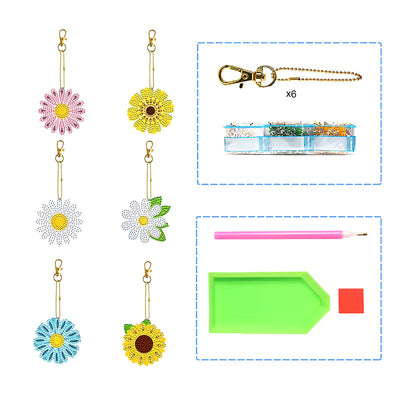 6Pcs Beautiful Little Daisy Acrylic Double Side Keychain Diamond Painting