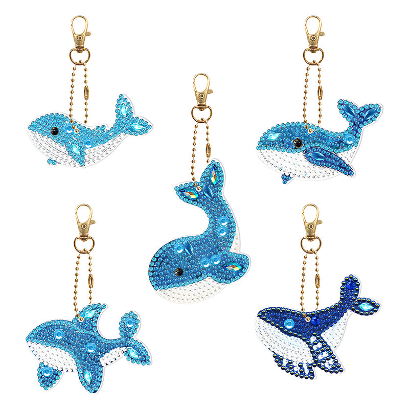 5Pcs Cute Blue Dolphins Acrylic Double Side Keychain Diamond Painting