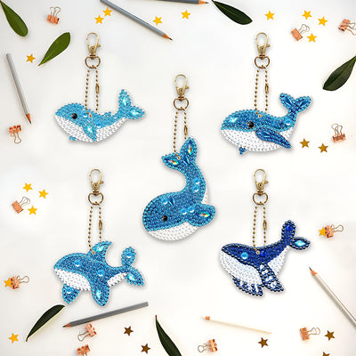 5Pcs Cute Blue Dolphins Acrylic Double Side Keychain Diamond Painting