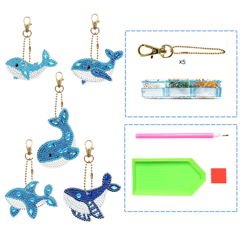 5Pcs Cute Blue Dolphins Acrylic Double Side Keychain Diamond Painting