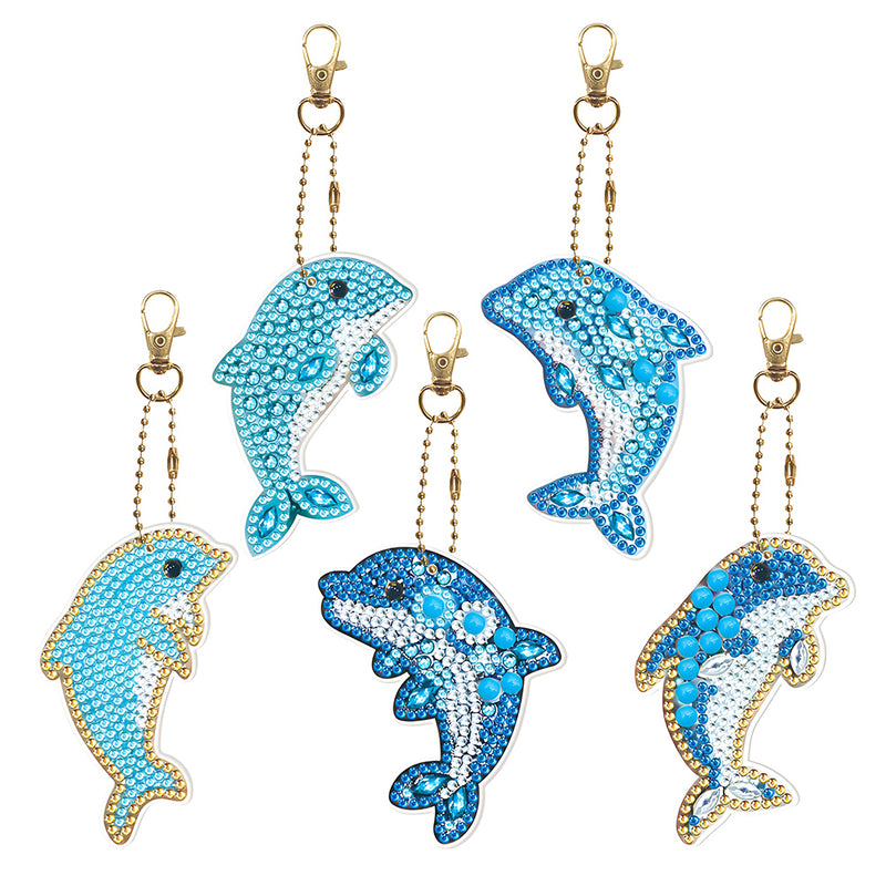 5Pcs Happy Blue Dolphins Acrylic Double Side Keychain Diamond Painting