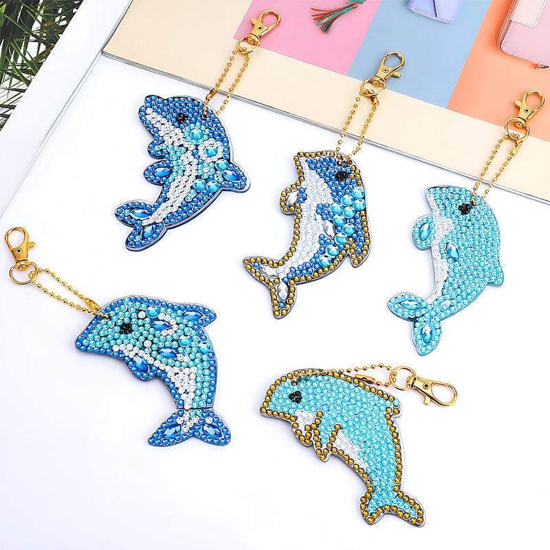 5Pcs Happy Blue Dolphins Acrylic Double Side Keychain Diamond Painting