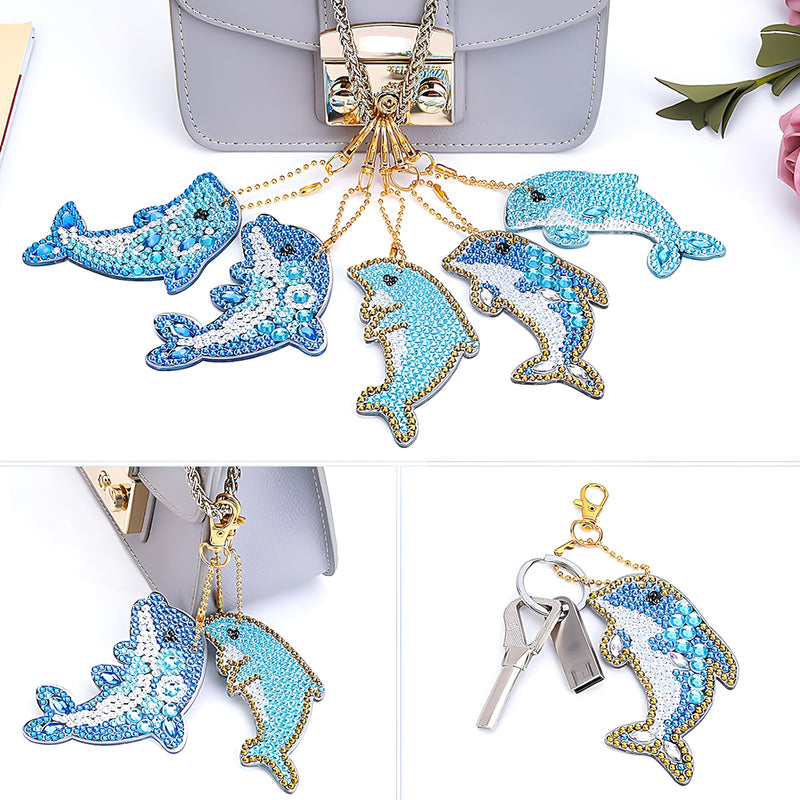 5Pcs Happy Blue Dolphins Acrylic Double Side Keychain Diamond Painting