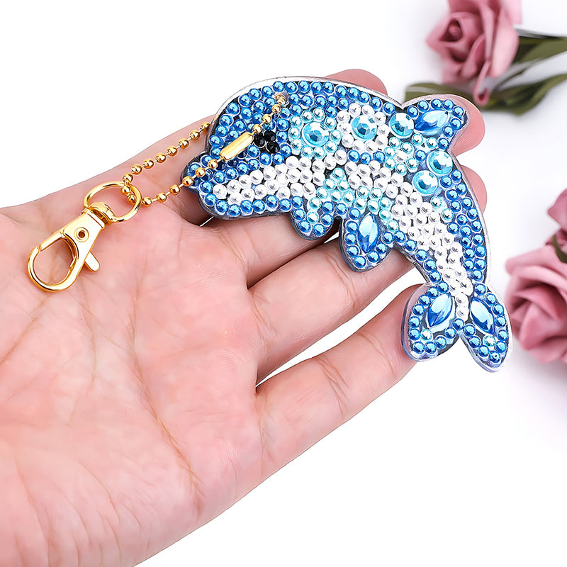 5Pcs Happy Blue Dolphins Acrylic Double Side Keychain Diamond Painting