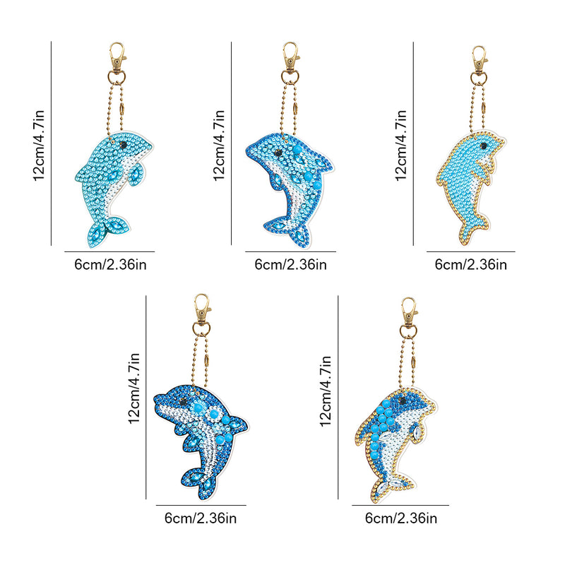 5Pcs Happy Blue Dolphins Acrylic Double Side Keychain Diamond Painting