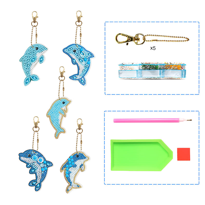 5Pcs Happy Blue Dolphins Acrylic Double Side Keychain Diamond Painting