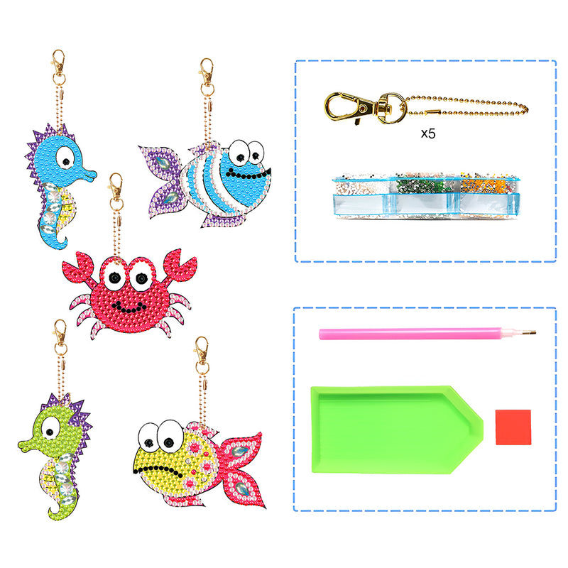 5Pcs Funny Sea Animals Acrylic Double Side Keychain Diamond Painting