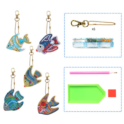 5Pcs Colorful Fish Acrylic Double Side Keychain Diamond Painting