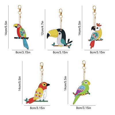 5Pcs Colorful Parrot Acrylic Double Side Keychain Diamond Painting