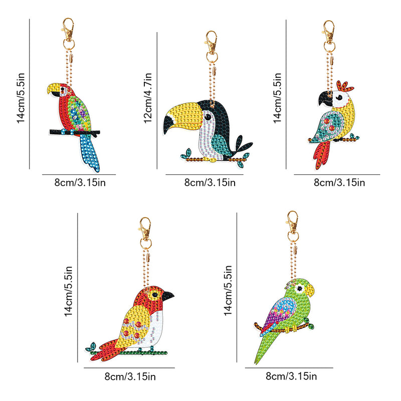 5Pcs Colorful Parrot Acrylic Double Side Keychain Diamond Painting