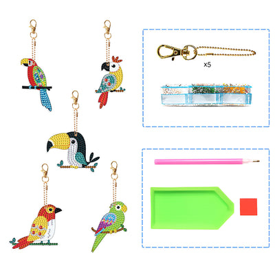 5Pcs Colorful Parrot Acrylic Double Side Keychain Diamond Painting