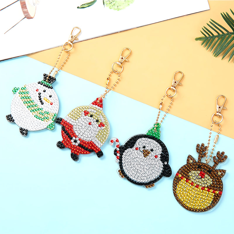 4Pcs Happy Christmas Animals Acrylic Double Side Keychain Diamond Painting