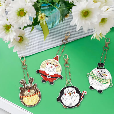 4Pcs Happy Christmas Animals Acrylic Double Side Keychain Diamond Painting