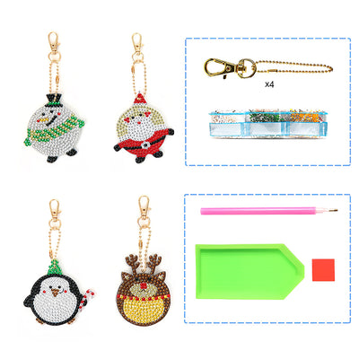 4Pcs Happy Christmas Animals Acrylic Double Side Keychain Diamond Painting