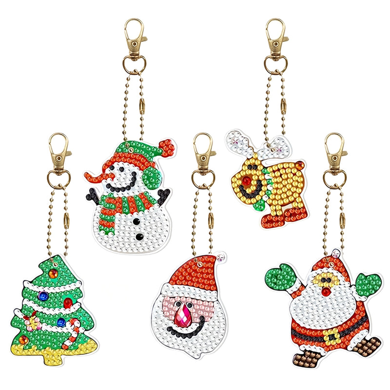 5Pcs Merry Christmas Acrylic Double Side Keychain Diamond Painting