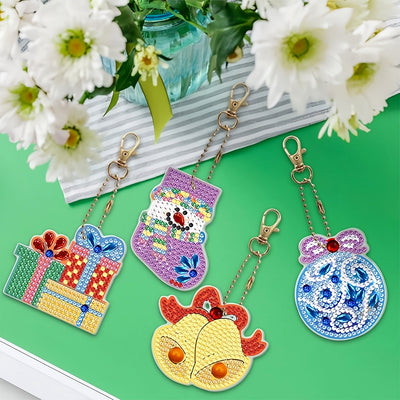 4Pcs Christmas Equipment Acrylic Double Side Keychain Diamond Painting