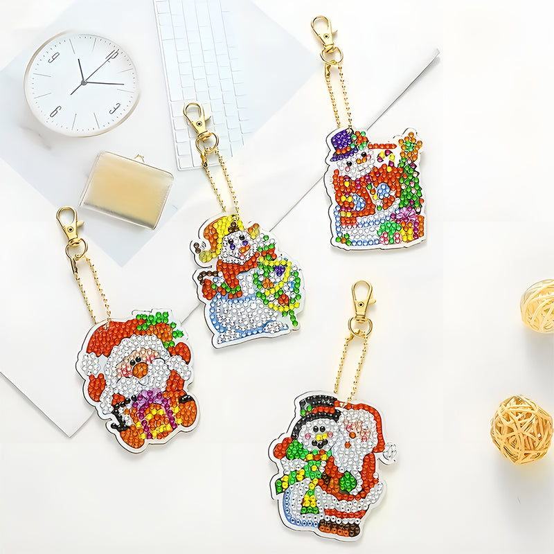 4Pcs Christmas Santa Claus Acrylic Double Side Keychain Diamond Painting