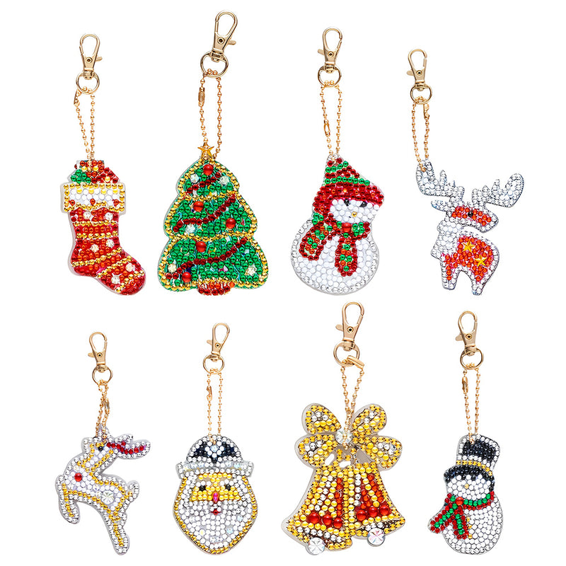 8Pcs Christmas Ornaments Acrylic Double Side Keychain Diamond Painting