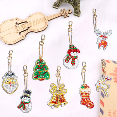 8Pcs Christmas Ornaments Acrylic Double Side Keychain Diamond Painting