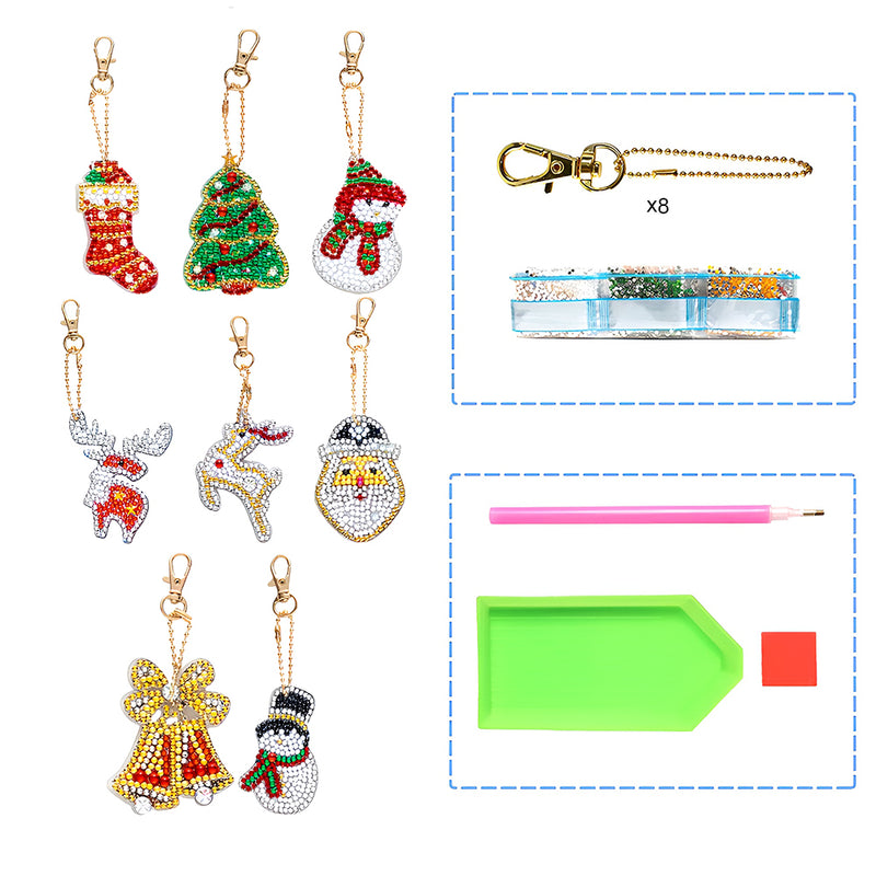 8Pcs Christmas Ornaments Acrylic Double Side Keychain Diamond Painting