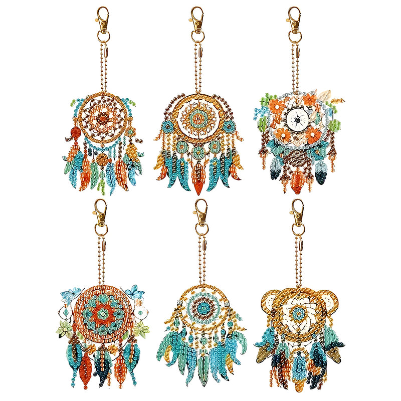 6Pcs Feather Dream Catcher Acrylic Double Side Keychain Diamond Painting